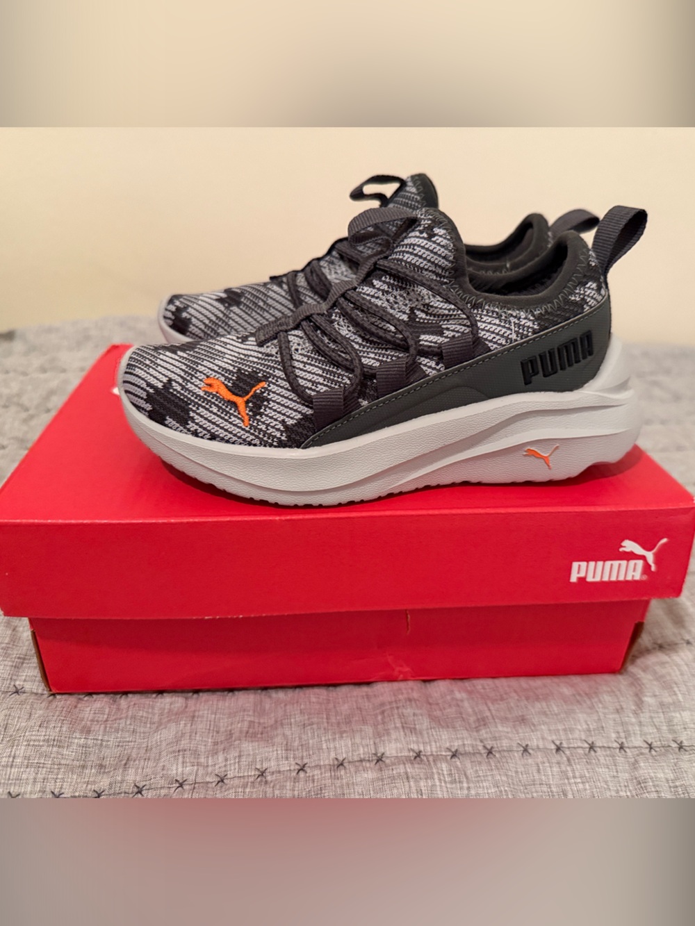 Puma Kids Gray Knit Sneakers with Orange Logo Accents